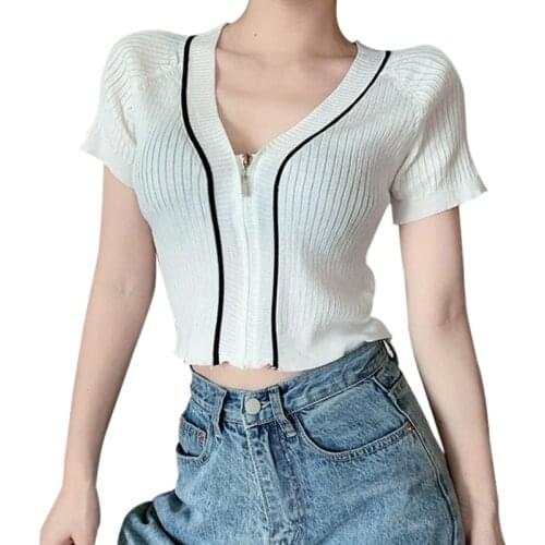 Women Knitted Short Sleeved Cardigan Summer Short Sleeve Zipper Ladies Sexy Tee Shirt Tops