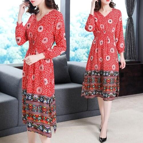 Imitate Real Silk Dresses Women Clothes Autumn Dress Indie Folk Print Dress Slim V-Neck Long Sleeves Dress Casual Costumes