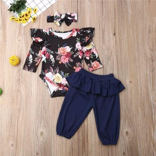 219 Baby Clothing Spring Autumn Newborn Baby Girl Clothes Fly-Sleeve Floral Bodysuits Pants 3PCS Outfit Body Bebe Suits