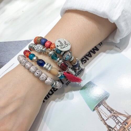 4pcs /set Bohemian Wing Tassel Sequin Pendant Bracelet & Bangle for Women Fashion Colorful Stone Beaded Charm Bracelets Jewelry