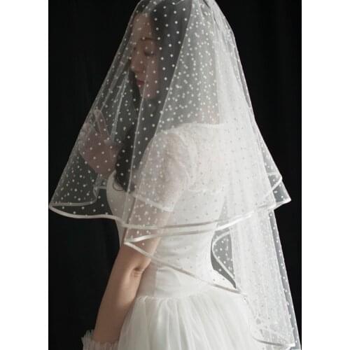 White Dot Tulle Veil Wedding With Comb Two Layers Ribbon Edge Bridal Veils 80-100cm Wedding Aaccessoire Mariage Welon Slubny