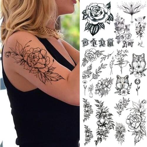 Large Dahlia Flower Temporary Tattoos For Women Girls Rose Lily Wolf Bird Fake Tattoo Sticker Realistic Waterproof Tattoos