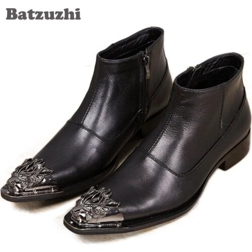 Batzuzhi Mens Ankle Boots British Style Black Genuine Leather Mens Dress Boots Leather Pointed Iron Toe, Big Size US12, EU46