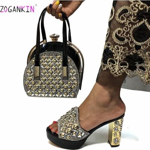 Black 2019 Newest PU Leather Slipper Shoes And Bag To Match Set Summer Italian Style Shoes And Bag Set For Party 10 Color