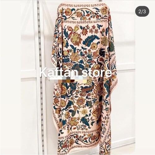 Classic retro Floral Printed Kuwait Bohemian beach silk kaftan Maxi dresses loose family party Full length silk dresses for lady