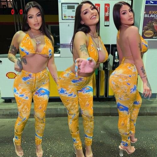 Prowow Women Clothing Set Lace Up Bra Zipper Pant Two Piece Matching Print Suits 2021 New Summer Sexy Female Beachwear Outfit