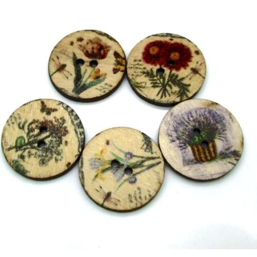 50pcs 25mm Mixed Round Pattern Wooden Buttons For Clothes Crafts Sewing Decorative Needlework Scrapbooking DIY Accessories