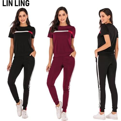 LINLING Simple Regular Fashion Solid Stripe O-Neck Short Sleeve Breathable Running Suit
