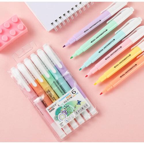 NEW 6pcs/set Cute Candy Color Highlighter Pen Stationery Double Headed Fluorescent Marker Pen Mark Pen Office School Supplies