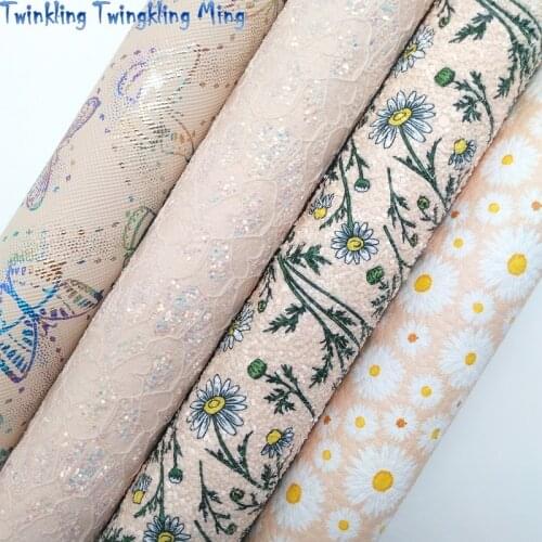 Twinkling Twinkling Ming Daisy Flowers Printed Glitter Leather Felt Backing Butterfly Printed Faux Synthetic Vinyl 21X29CM KM550