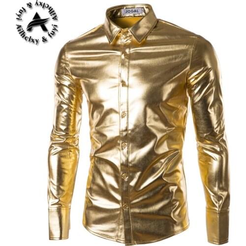Night Club Men Dress Shirt Mens Shining Shirts Light Golden Festival Brilliant Men Shirt Long Sleeve Plus Size 3XL