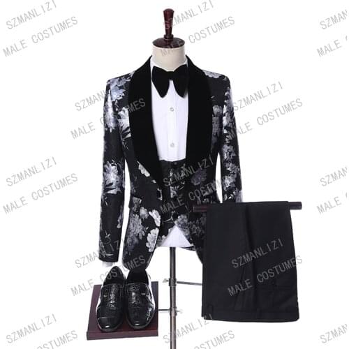 Costume Homme 2019 Latest Coat Pant Designs Terno Masculino Slim Fit 3 Piece Suit Black Print Paisley Men Suits With Pants