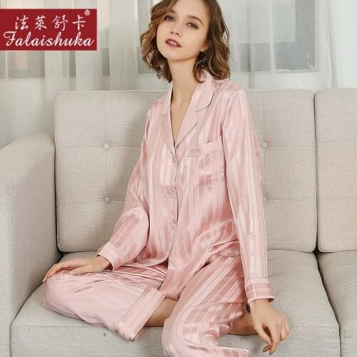 Sexy Pink Striped 100% silk pajamas sets women sleepwear long sleeves Korean Elegant genuine silk womens pyjamas T8235