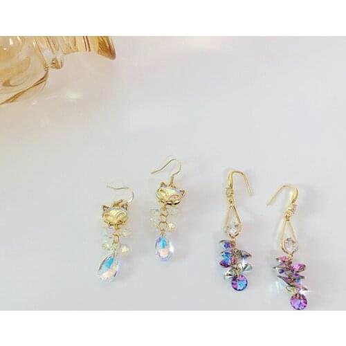 Origin Summer Korean Fashion Colorful Rystal Fox Dangle Earrings for Women Bling Bling Rhinestones Metal Hook Earrings Jewelry