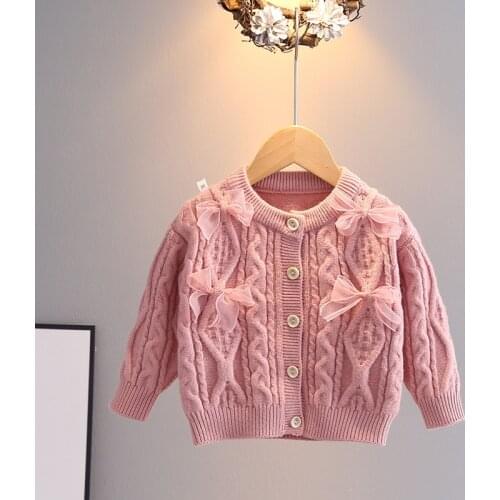 Autumn and winter new solid color lace knitted cardigan sweater coat little girl baby single breasted knitted sweater top
