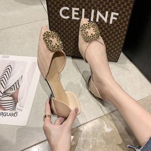 Pointed single shoes women 2020 autumn new rhinestone shallow mouth single shoes wild flat bottom one pedal womens shoes