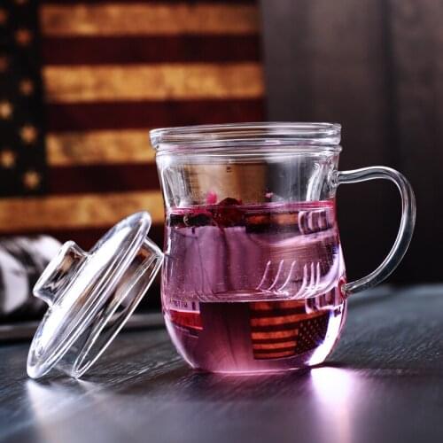 Transparent glass tea cup with filter and beautiful lid, hand blown Borosilicate office mug
