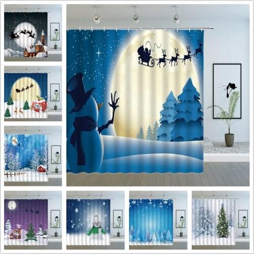 Christmas Shower Curtains Cartoon Snowman Full Moon Night View Christmas Tree Santa Claus Xmas Holiday Bath Fabric Curtain