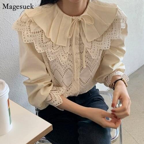 Korean Sweet Hollow Out Lace Embroidery Shirts Woman Ruffled Turn-down Collar Womens Blouse Cotton Long Sleeve Lady Tops 12717