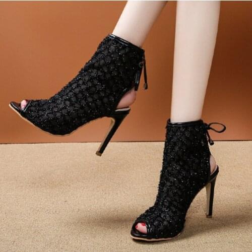 Vogue Fashion Black Summer Sandals Lace Up Cross-tied Peep Toe High Heel Ankle Strap Net Surface Hollow Out Sandals