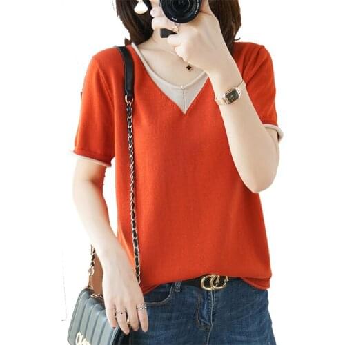 Knitted T-shirts Loose Women Tops O-neck Korea Female Tshirt 2021 Short Sleeve Tshirt Women Casual Clothes New