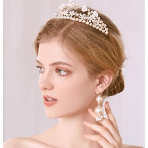 Pearls Tiara Flower Wedding Hair Crown with Earrings Gold Color Bridal Hairband Women Prom Hairpiece