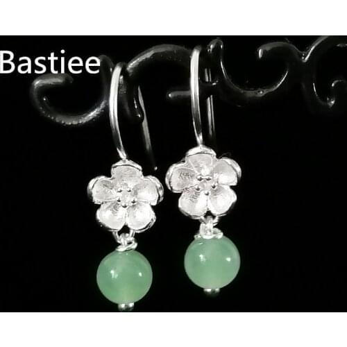 Bastiee 999 Sterling Silver Earrings Beads Women Jewerly Jade Dangle Flower Earings Natural Stone Hmong Handcraft Cute Elegent