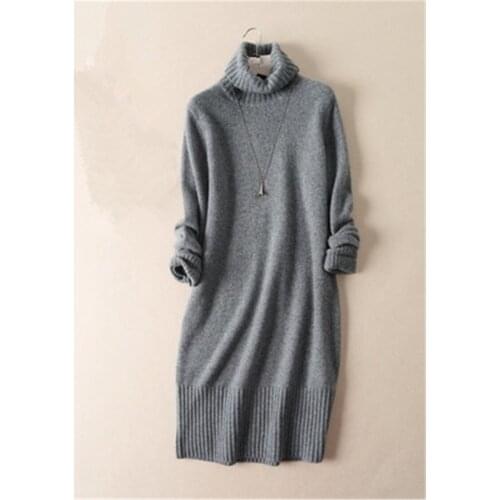 Goat cashmere thick solid knit women fashion high collar long pullover sweater black 3color S-L retail wholesale