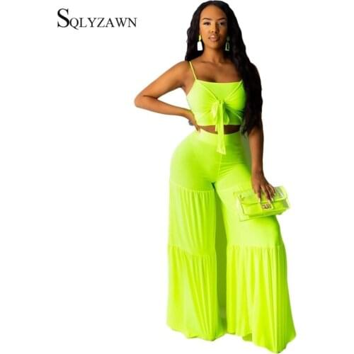 Women Sexy Neon Green Two Piece Set Bandage Bow Cami Crop Top and Wide Leg Palazzo Pants Beach Holiday Fashion Black Suit Outfit