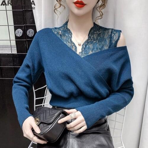Off shoulder lace stitching Knitted Sweater Women Autumn Winter Elegant Femme Pullovers V-Neck sexy Long Sleeve sweater Tops