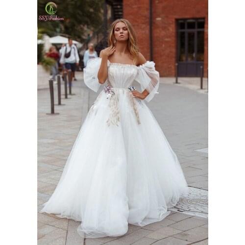 SSYFashion Sweet White Wedding Dress for Bride Romantic Boat Neck Half Sleeve A-line Appliques Wedding Gown Vestido De Noiva