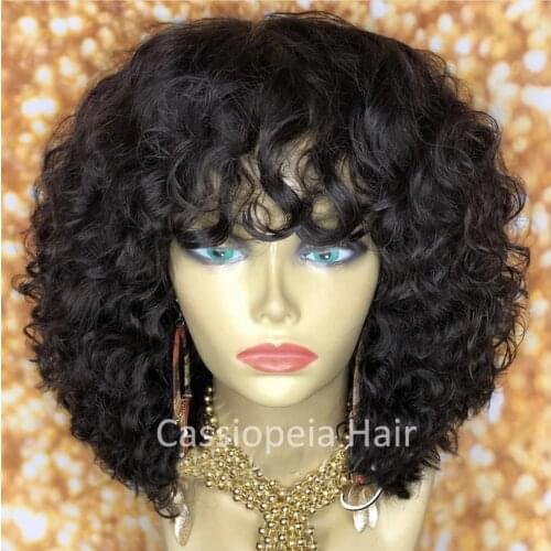 14"180% Density Loose Curly Human Hair Wigs with Bangs Brazilian Silk Base Scalp Top Wigs Full Bangs Curly Machine Made Wig