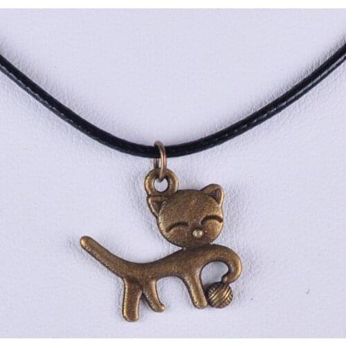 18*19MM Vintage bronze antique kawaii cat kitten pendant necklace women wax cord rope necklace jewelry fashion alloy jewellery