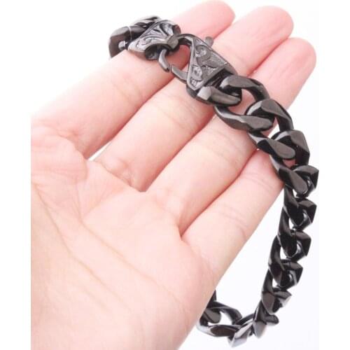 13/15MM Wide High Quality 316L Stainless Steel Black Color Cuban Curb Link Chain Biker Jewelry Mens Boys Bracelet Wristband7-11"