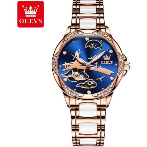 OLEVS Womens Automatic Watch Ceramic Steel Strap Waterproof Mechanical Watches Brand Luxury Ladies Wrist Watch Relogio Feminino