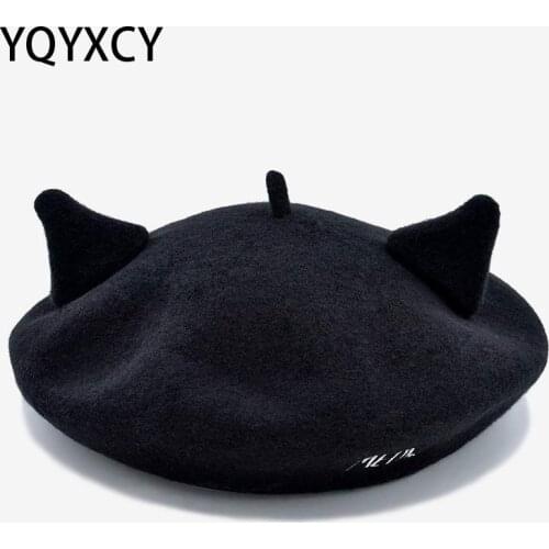 Black Wool Beret Female Winter Hats For Women Girls With Ears Pure Woolen Boina Feminina Flat Cap England Beret Bone Gorro