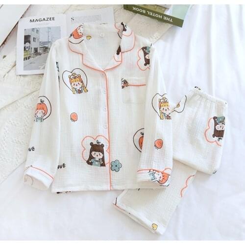 236 Cotton Home Suits Sleepwear Cartoon Girl Print Pajamas for Women Summer Pyjamas Girls Pijama Pant and Long Sleeve Pajama
