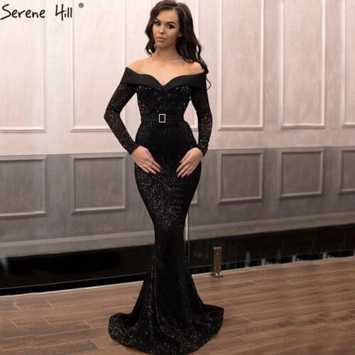 Dubai Black Long Sleeve Sequined Evening Dresses 2020 Luxury Sparkle Off Shoulder Sexy Evening Gowns Serene Hill LA60843