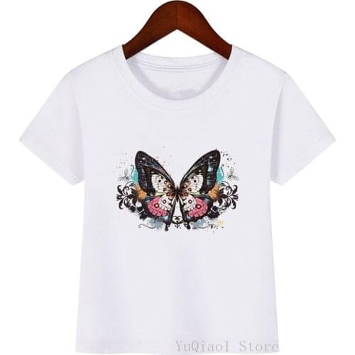 Nice butterfly/flower angel wing/anchor print girls t-shirt lovely childrens summer top clothes baby girls white t shirt tees