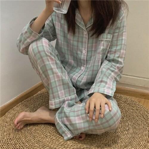 Kawaii Pink Green Classic Plaid Girl Pajamas Set Winter Women Nightwear Long Sleeve Korean Minimalist Oversized Maiden Sleepwear
