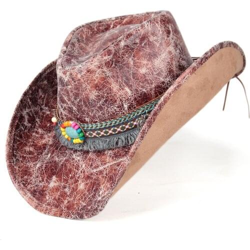 Men Women Leather Western Cowboy Hats Outdoor Gold Rill Brim Jazz Hat Sombrero Hombre Cowgirl Hat Punk Belt Size 58-59CM