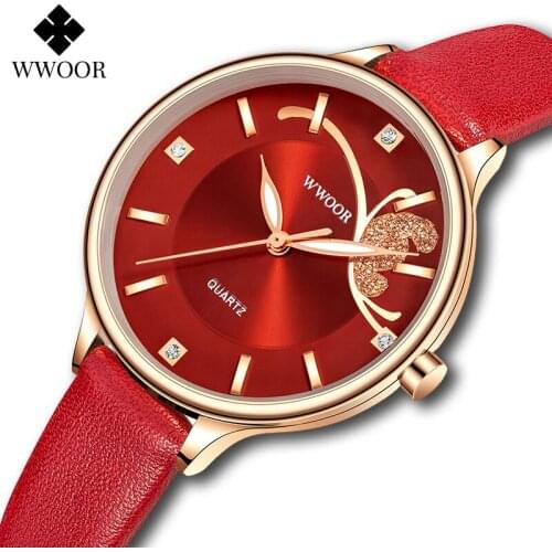 WWOOR 2021 New Fashion Ladies Watch For Women Casual Red Leather Dress Watches Top Brand Luxury Crystal Female Quartz Clock Gift