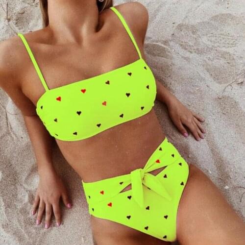 New Women Floral Print Swimsuit Sexy High Waist Bikinis Bow Bandage Tube Top Bathing Suit Solid Summer Swimwear Female Beachwear
