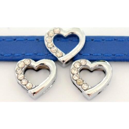 8mm Half Crystal Love Heart Slide Charms Flat Hole Metal Beads Keeper Fit 8mm Stainless Steel Mesh Bracelets DIY Jewelry Making