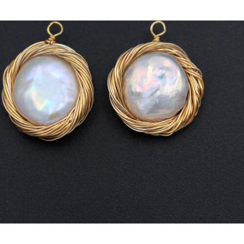 10pcs Freshwater Pearl Small Charms Round Flat Beads Connectors Handmade Wire Wrapped Jewelry Findings for Drop Hanging Earrings
