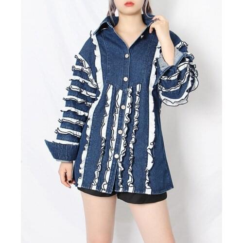 Casual Chic Ruffled Puffy Sleeve Decorated Denim Jacket Women Unique Single Breasted Denim Top