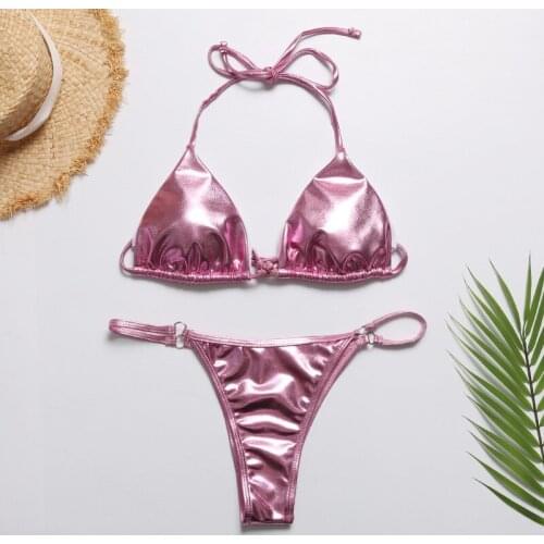 Pink Bikini Bronzing Bikinis Set Shiny Swimsuit Push Up Biquini Brazilian Thong Bikinis Swimwear Bathing Swimming Suit For Women