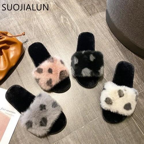 SUOJIALUN New Fashion Faux Fur Women Slippers Winter Warm Plush Slides Ladies Shoes Slip on Home Slipper Female Flip Flops Slide