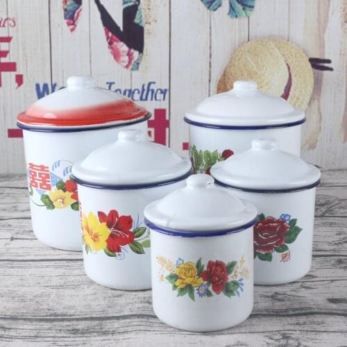 Old fashioned nostalgia Enamel cup with lid, enamel cup, tea cup with handle