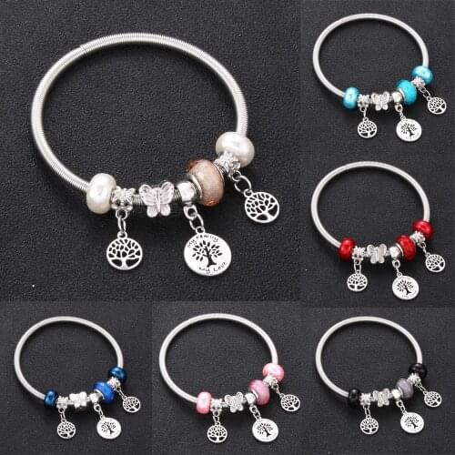 Trendy Elastic metal Heart-Shaped Tree Of Life Charm Bracelets For Women Glass Beads Brand Bracelet & Bangle DIY Jewelry Gifts
